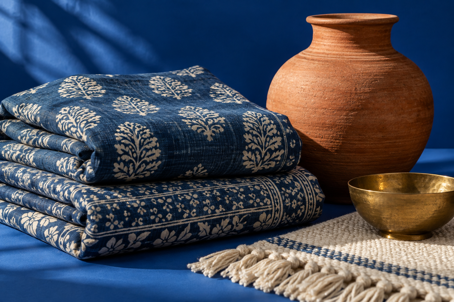 Editorial still life of patterned cotton, a woven rug, ceramics, and brassware